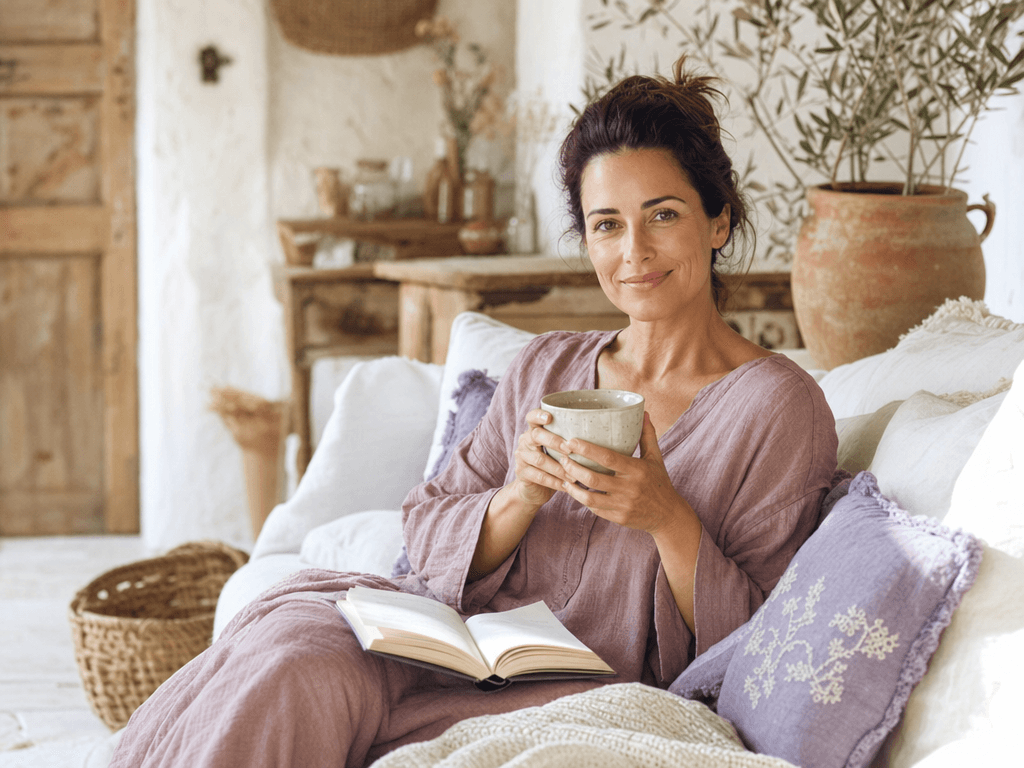 Besser schlafen: Wie du nachts zur Ruhe kommst und endlich durchschläfst Frau kommt abends mit einer Tasse Tee und einem Buch auf dem Sofa zur Ruhe und schläft dadurch besser