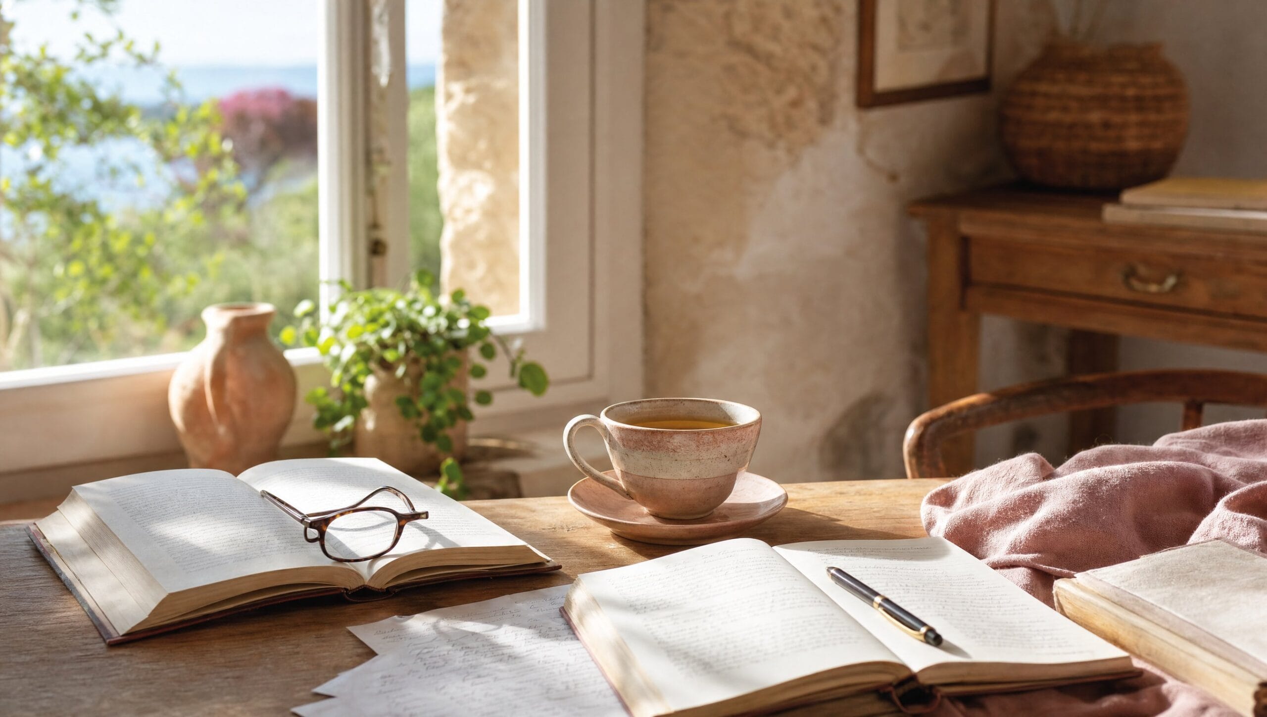 So entsteht unser Wissen Holzschreibtisch am Fenster im warmen Morgenlicht mit aufgeschlagenen Büchern, handschriftlichen Notizen, Lesebrille und einer Tasse Tee