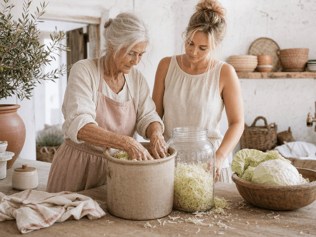 Fermentierte Lebensmittel: ihre Wirkung auf Darm und Schlaf Großmutter drückt Sauerkraut in den Steinguttopf und zeigt es weiter