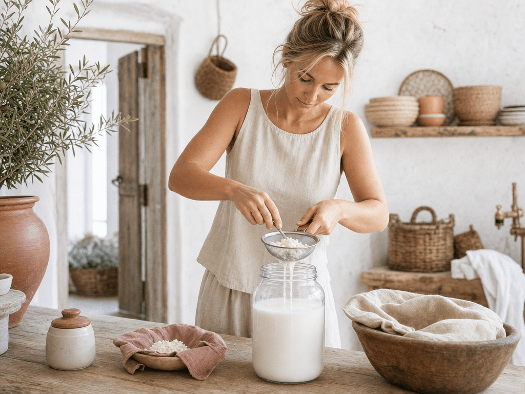 Fermentierte Lebensmittel: ihre Wirkung auf Darm und Schlaf Kefirknollen werden aus der fermentierten Milch gesiebt