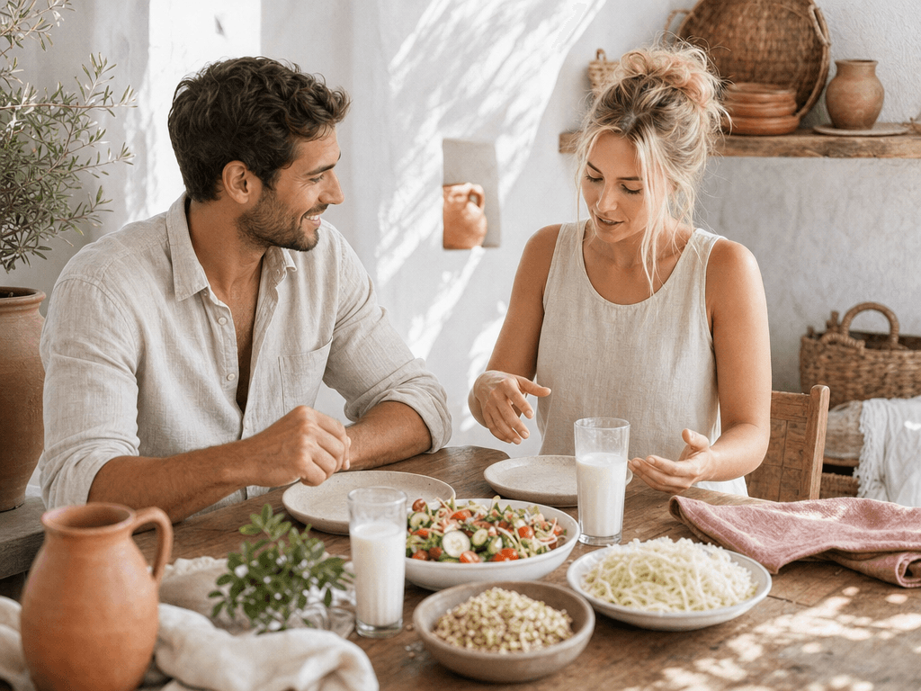 Fermentierte Lebensmittel: ihre Wirkung auf Darm und Schlaf Gemeinsames Essen mit Kefir, Sprossen und Sauerkraut auf dem Tisch