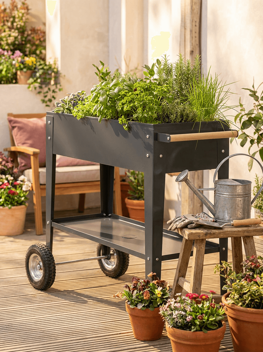 Hochbeet auf Rollen mit frischen Kräutern auf einer Terrasse