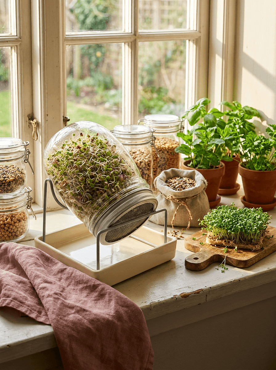 Keimglas mit frischen Sprossen auf einer Fensterbank
