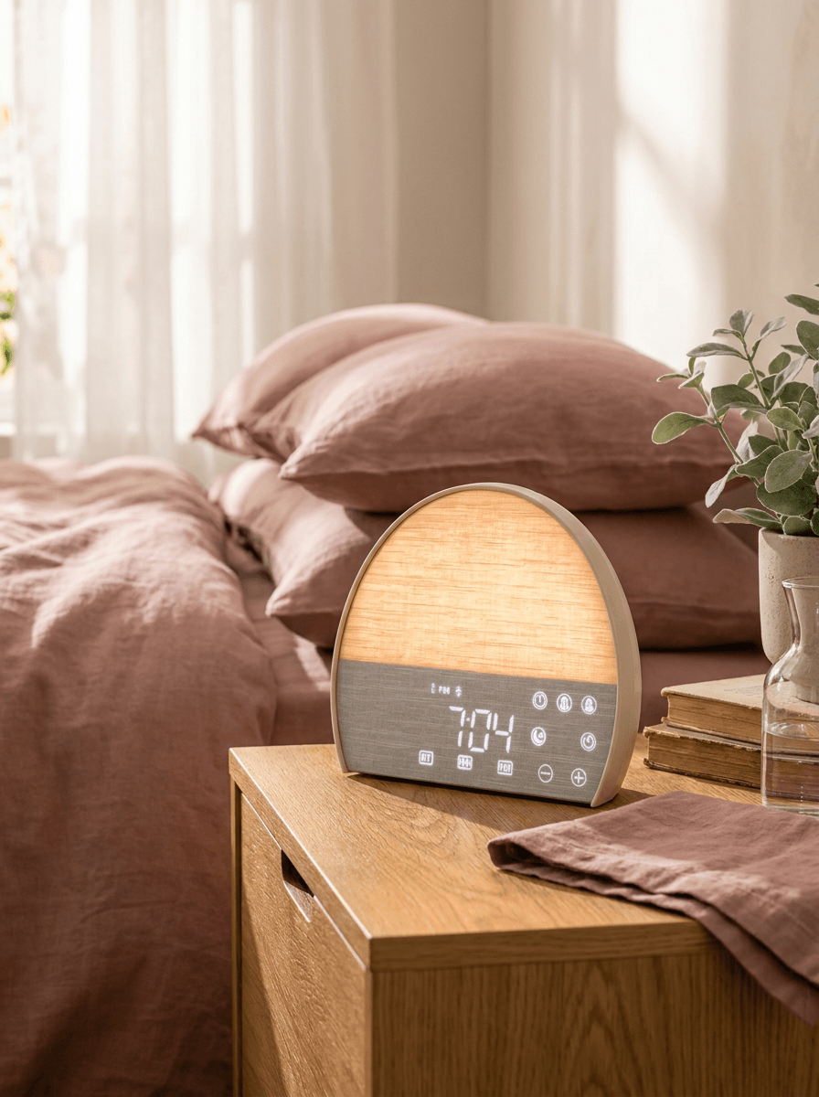 Sonnenaufgangswecker mit warm leuchtender Lichtfläche auf einem Nachttisch