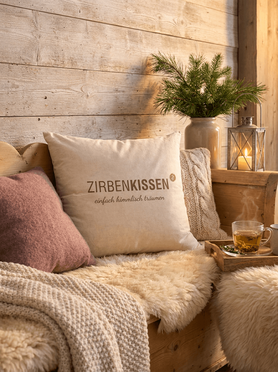Zirbenkissen mit Aufdruck auf einer Holzbank