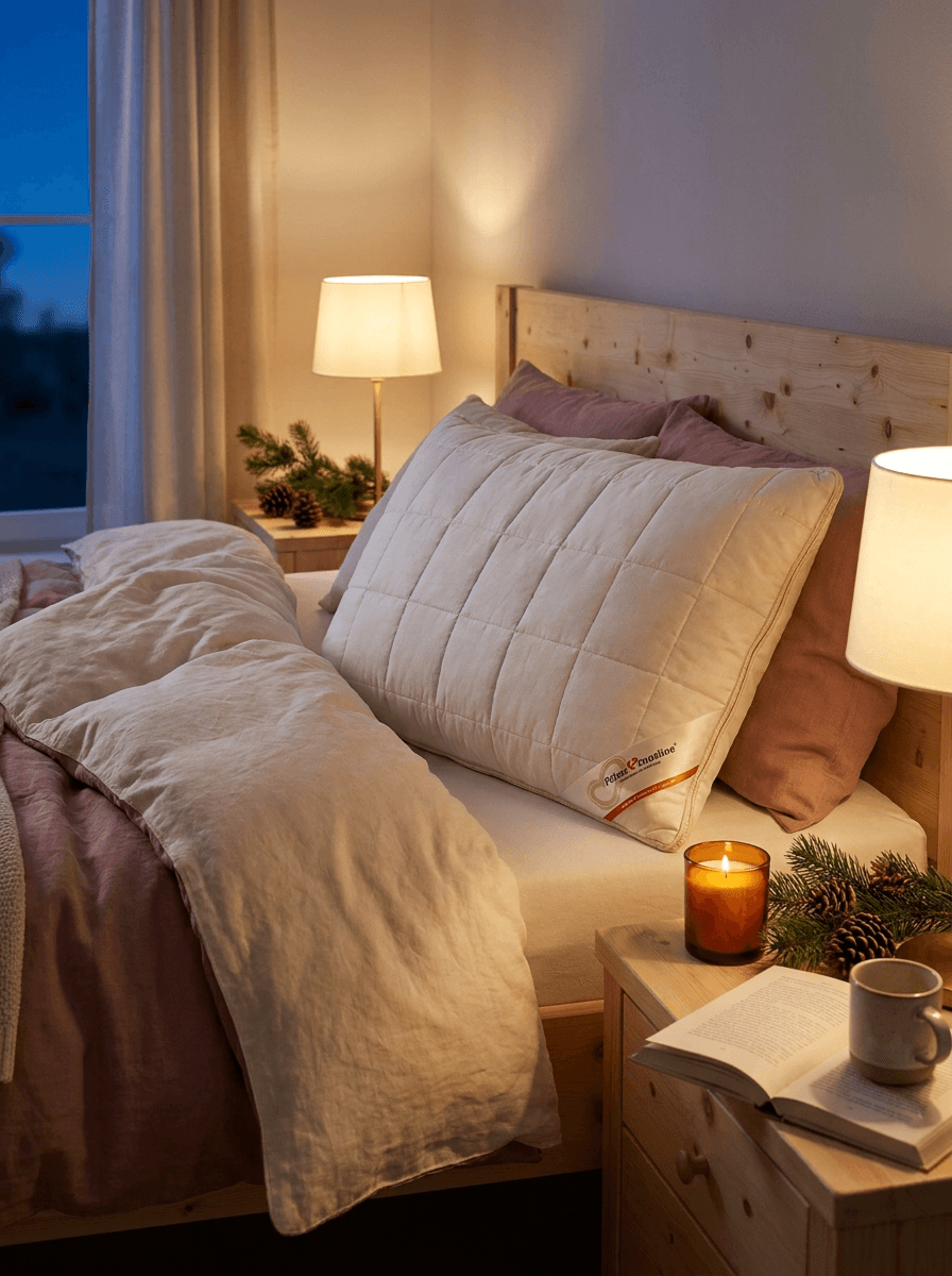 Helles Schlafkissen mit Steppmuster auf einem Bett