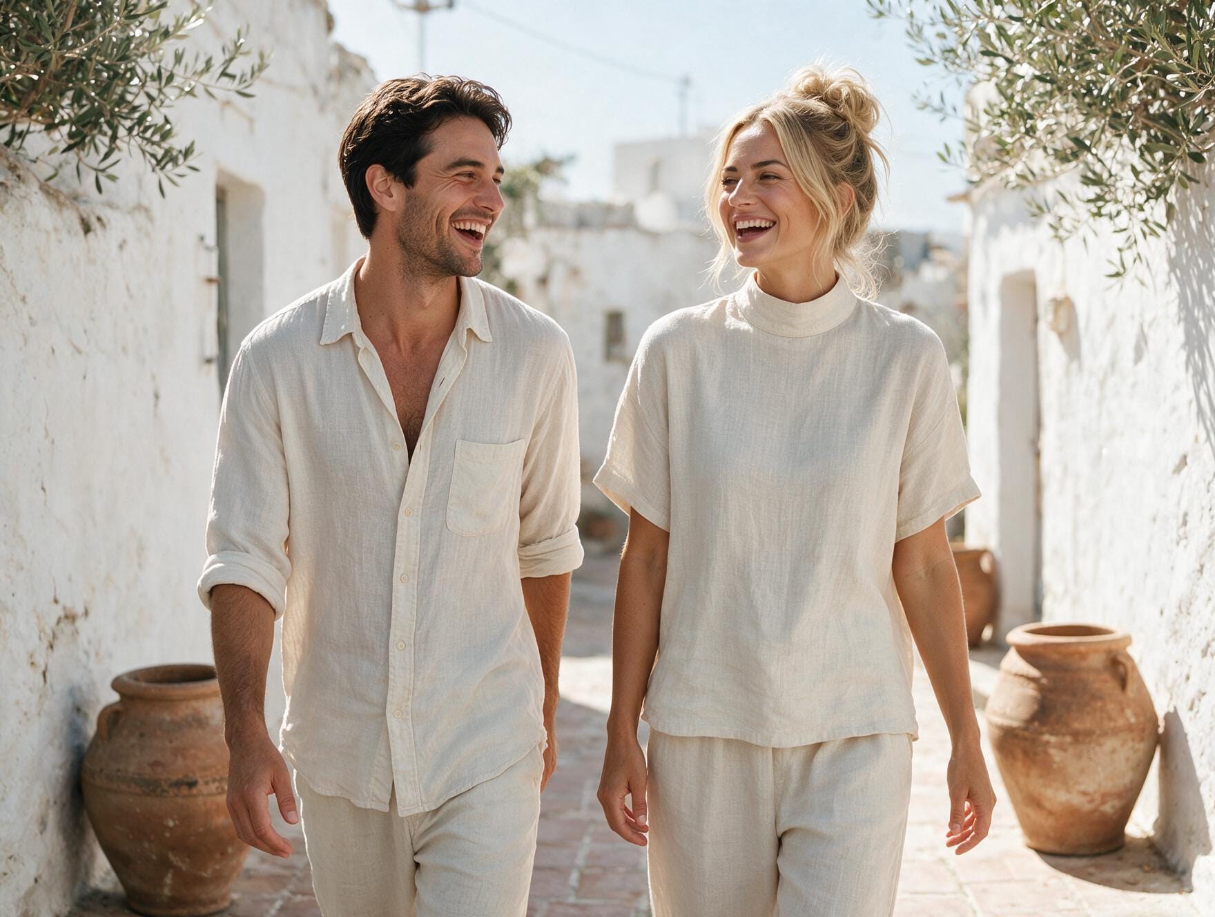 Frau und Mann gehen lachend durch eine helle Gasse