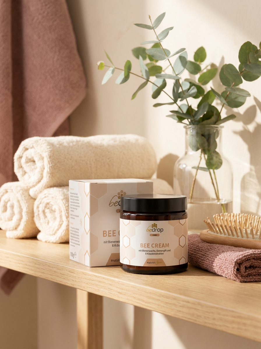 Bee Cream Bienengiftsalbe (100 g) von bedrop auf einem hellen Holzregal im Badezimmer