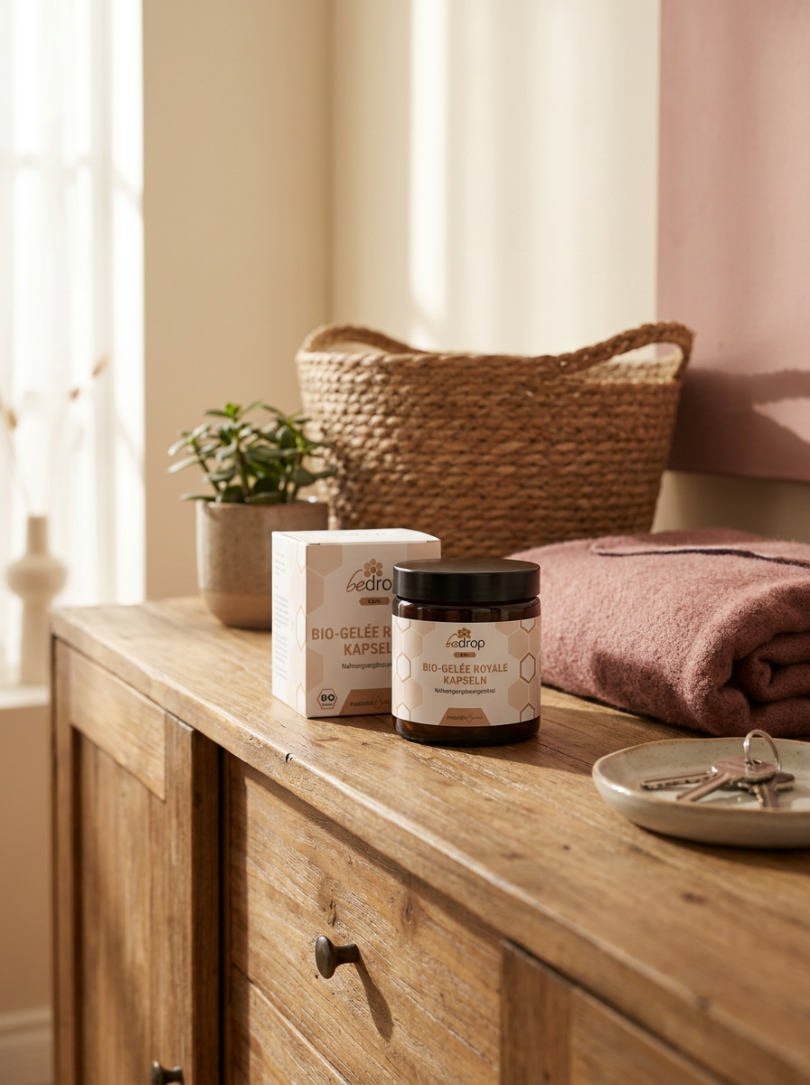 Bio Gelée Royale Kapseln (60 Stück) von bedrop auf einer rustikalen Kräuterküchenzeile im warmen Licht