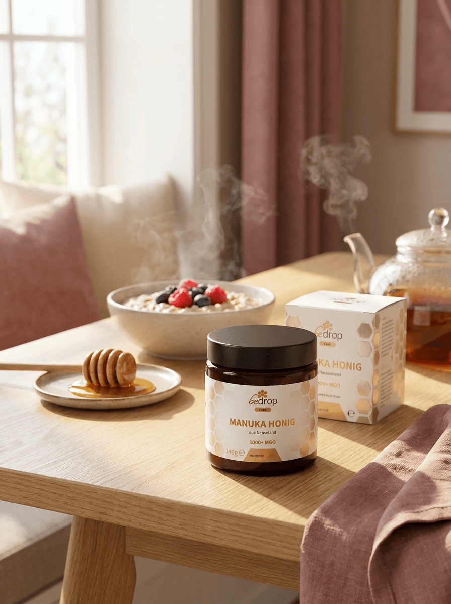 Manuka Honig MGO 1000+ (limitierte Edition) von bedrop auf einem hellen Holztisch im warmen Morgenlicht