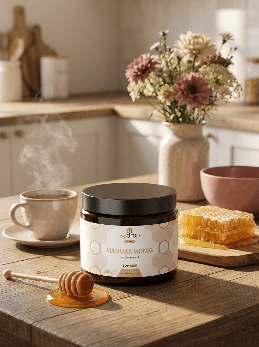 XXL Manuka Honig MGO 500+, 600 g von bedrop auf einem hellen Holztisch im warmen Morgenlicht