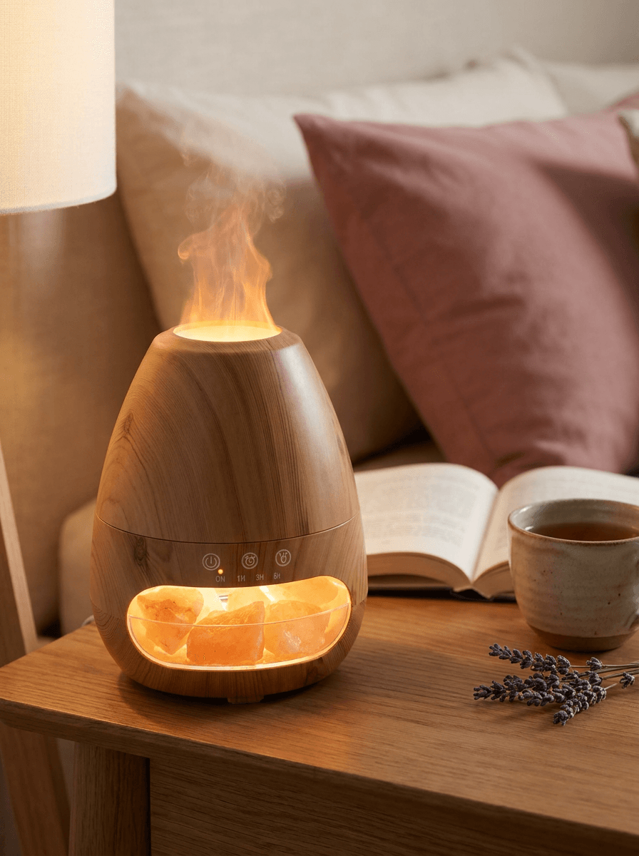 3-in-1 Aroma-Diffuser und Luftbefeuchter mit Salzkristall-Licht auf einem niedrigen Holztisch in einer ruhigen Zimmerecke
