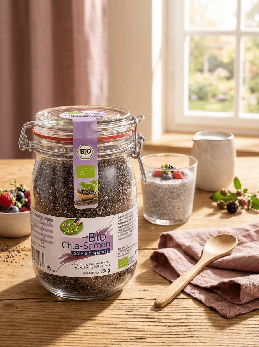 Kopp Vital Bio Chia-Samen im Bügelglas - vegan auf einem Holztisch in einer Landhausküche
