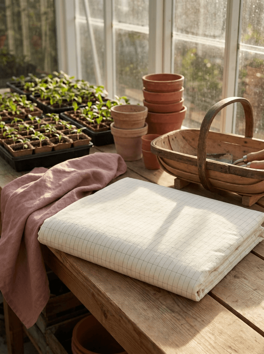 Erdungsprodukte 160x200 cm Spannbetttuch auf einem Pflanztisch im Sonnenlicht