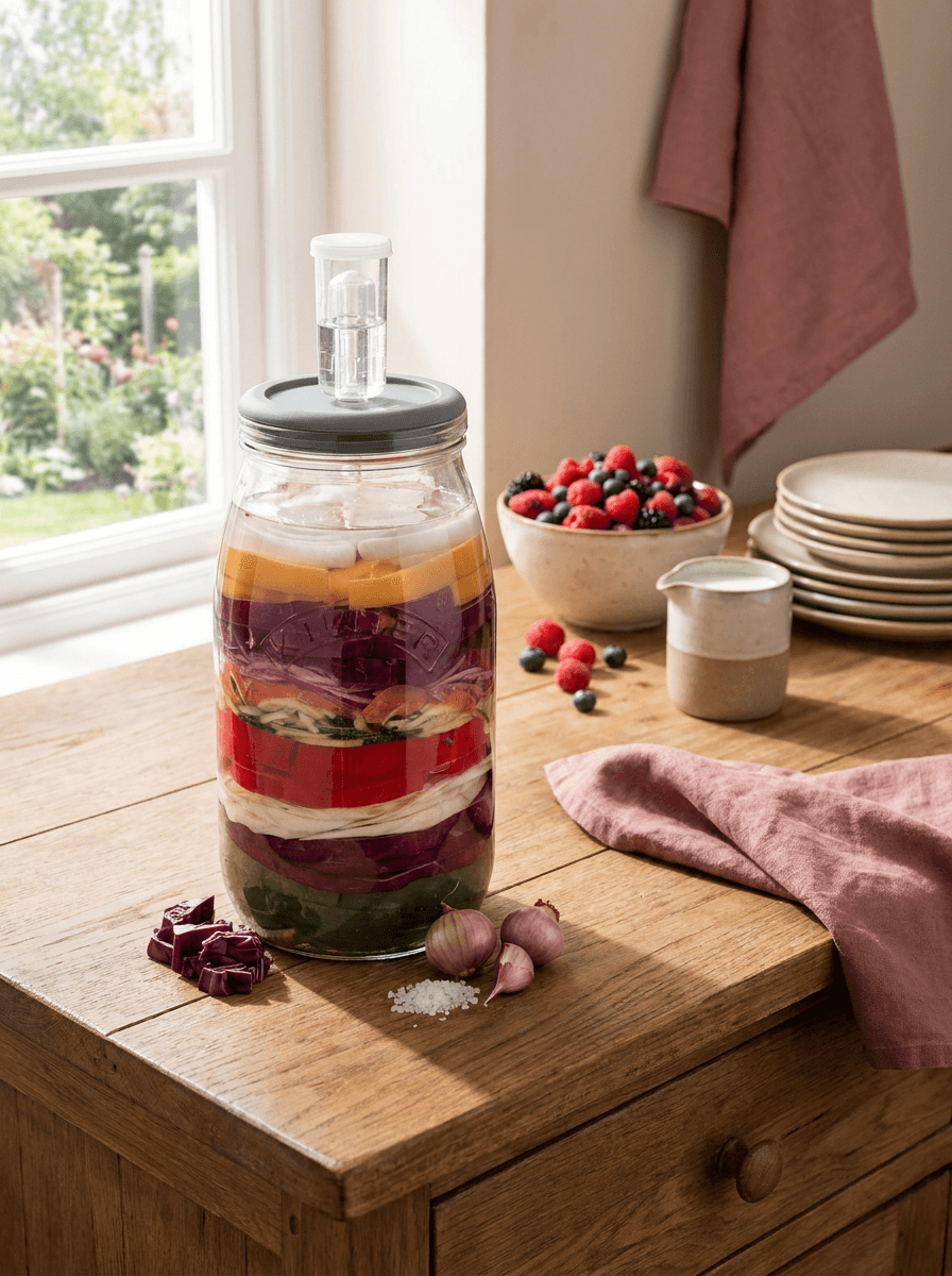 Fermentations-Set Kilner auf einer Küchenarbeitsfläche aus hellem Holz im Tageslicht