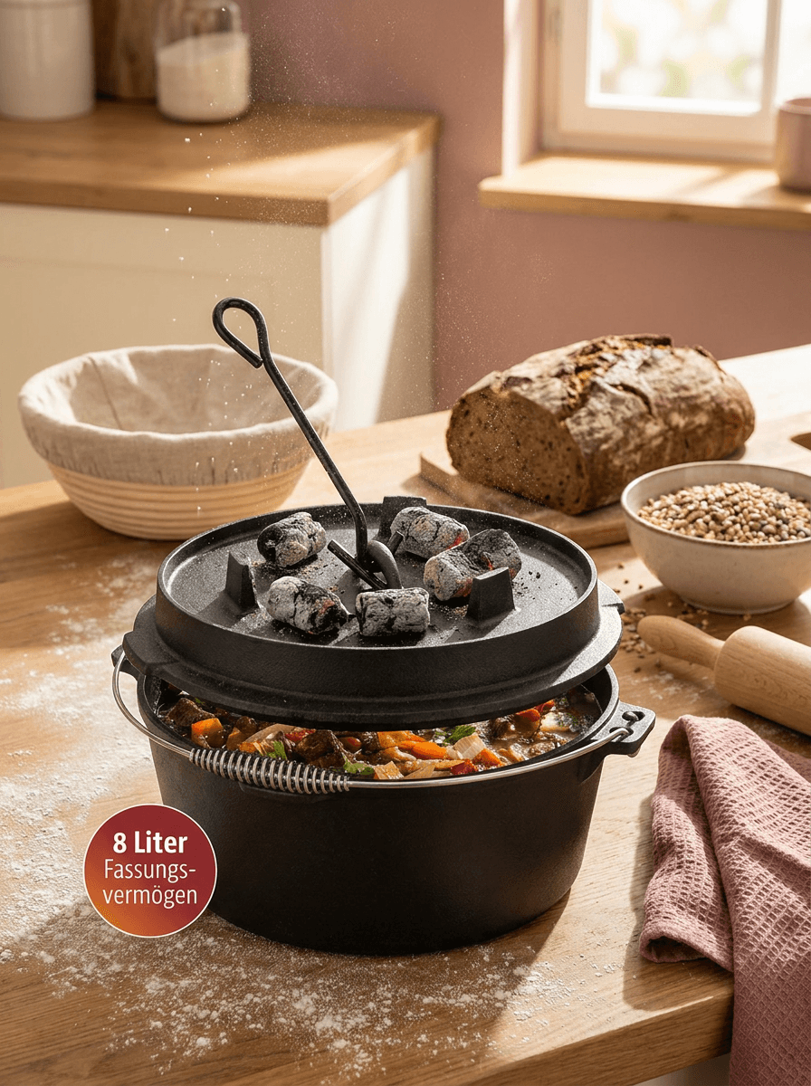 Gusseisen-Feuertopf/Dutch Oven inkl. Deckel, Untersetzer und Deckelheber auf einer Küchenarbeitsfläche aus hellem Holz im Tageslicht