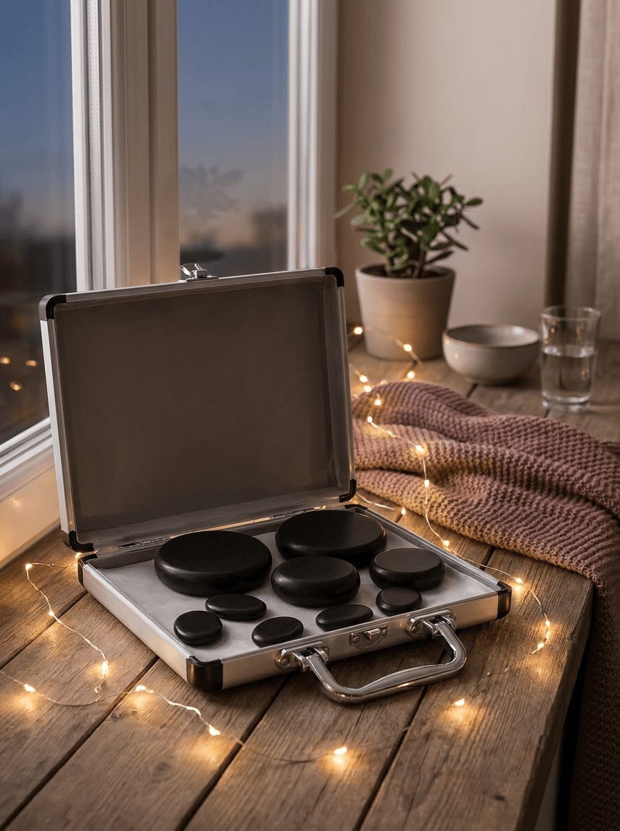 Hot Stones Massage-Set mit Heizkoffer auf einem Nachttisch im warmen Lampenlicht