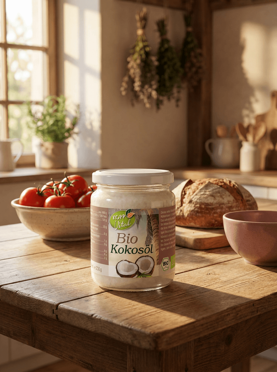 Kopp Vital Bio-Kokosöl - vegan auf einer hellen Küchenzeile im Morgenlicht