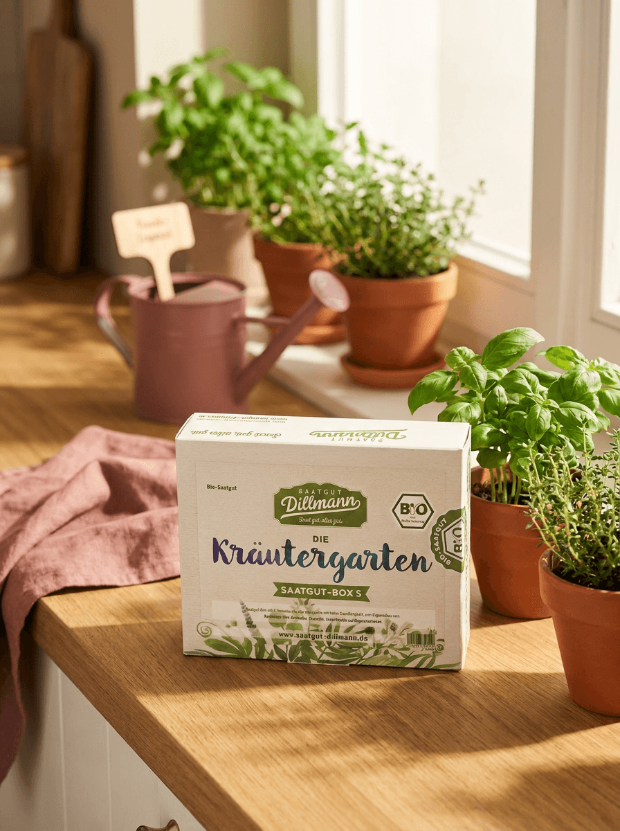 Die Kräutergarten-Saatgut-Box Bio auf einem Pflanztisch im Sonnenlicht