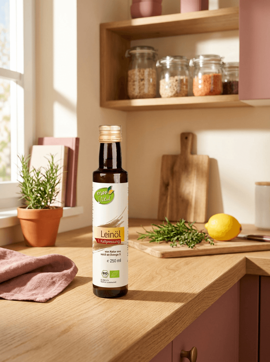 Kopp Vital Bio-Leinöl - vegan auf einer hellen Küchenzeile im Morgenlicht