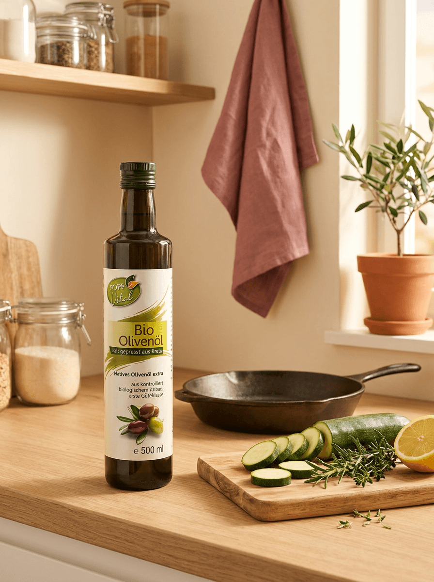 Flasche Kopp Vital Bio-Olivenöl auf einer Küchenzeile neben geschnittener Zucchini und Kräutern