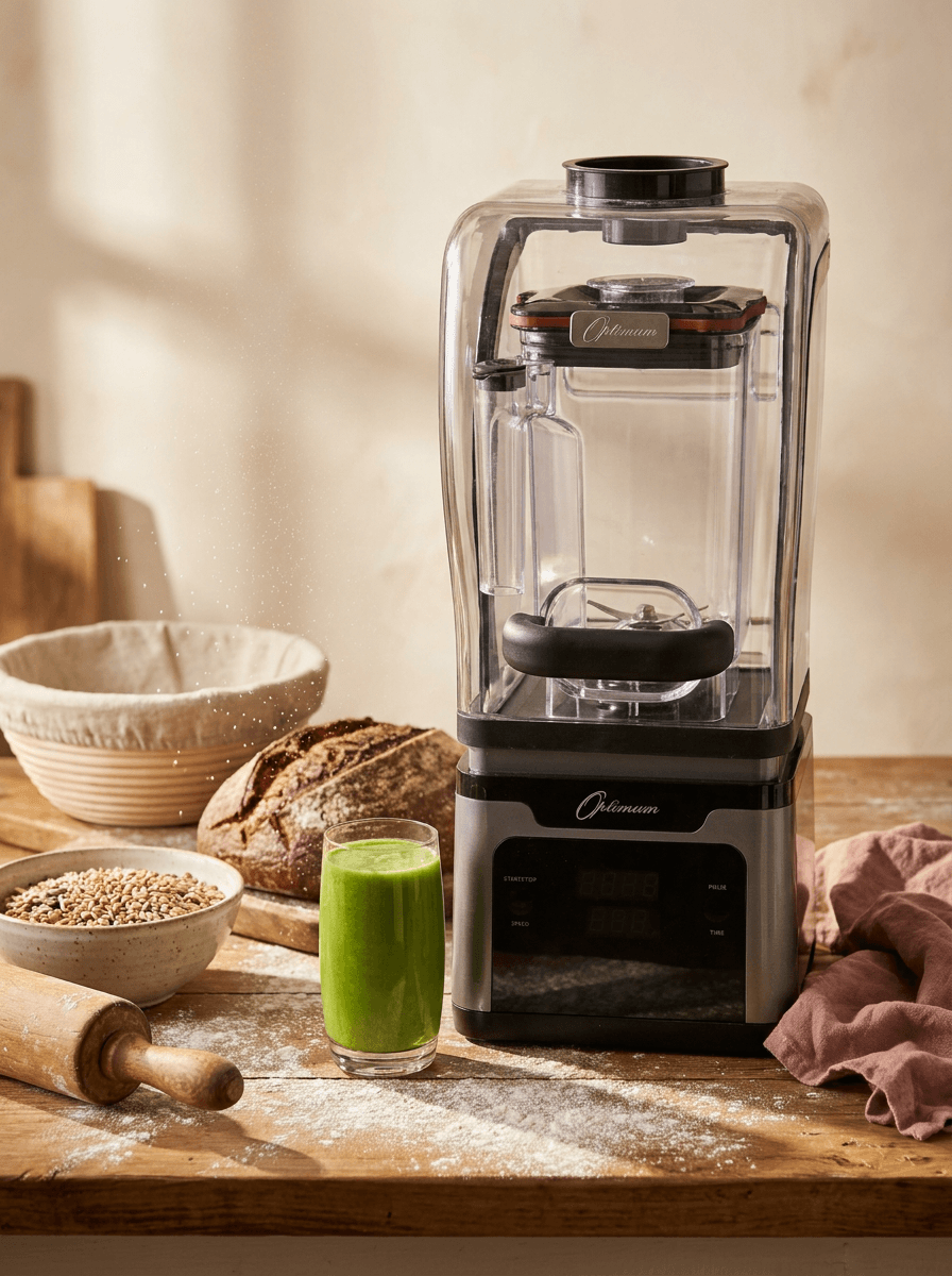 Optimum 9400X Hochleistungsmixer auf einer Küchenarbeitsfläche aus hellem Holz im Tageslicht