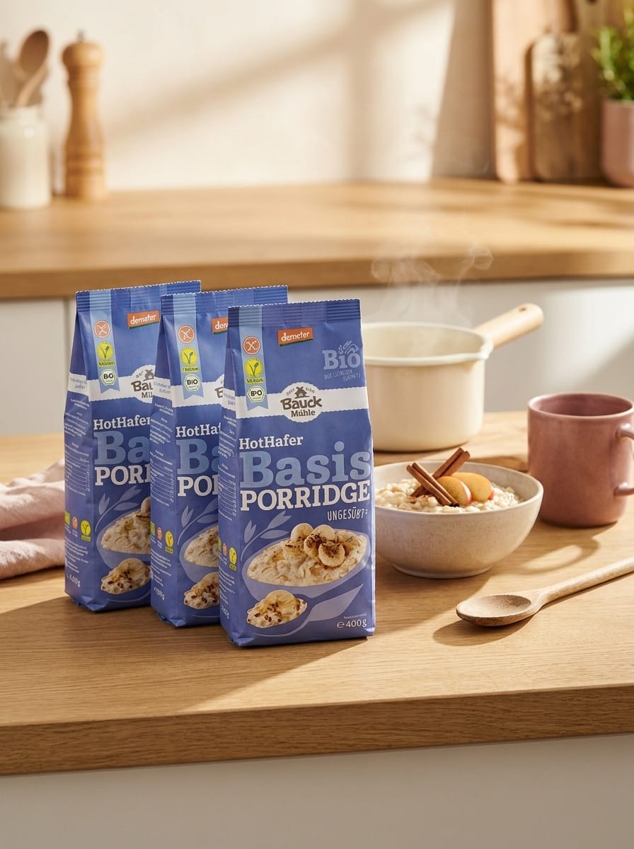 3er-Pack Bauck Mühle Porridge Hot-Hafer-Basis Bio auf einem Holztisch in einer Landhausküche