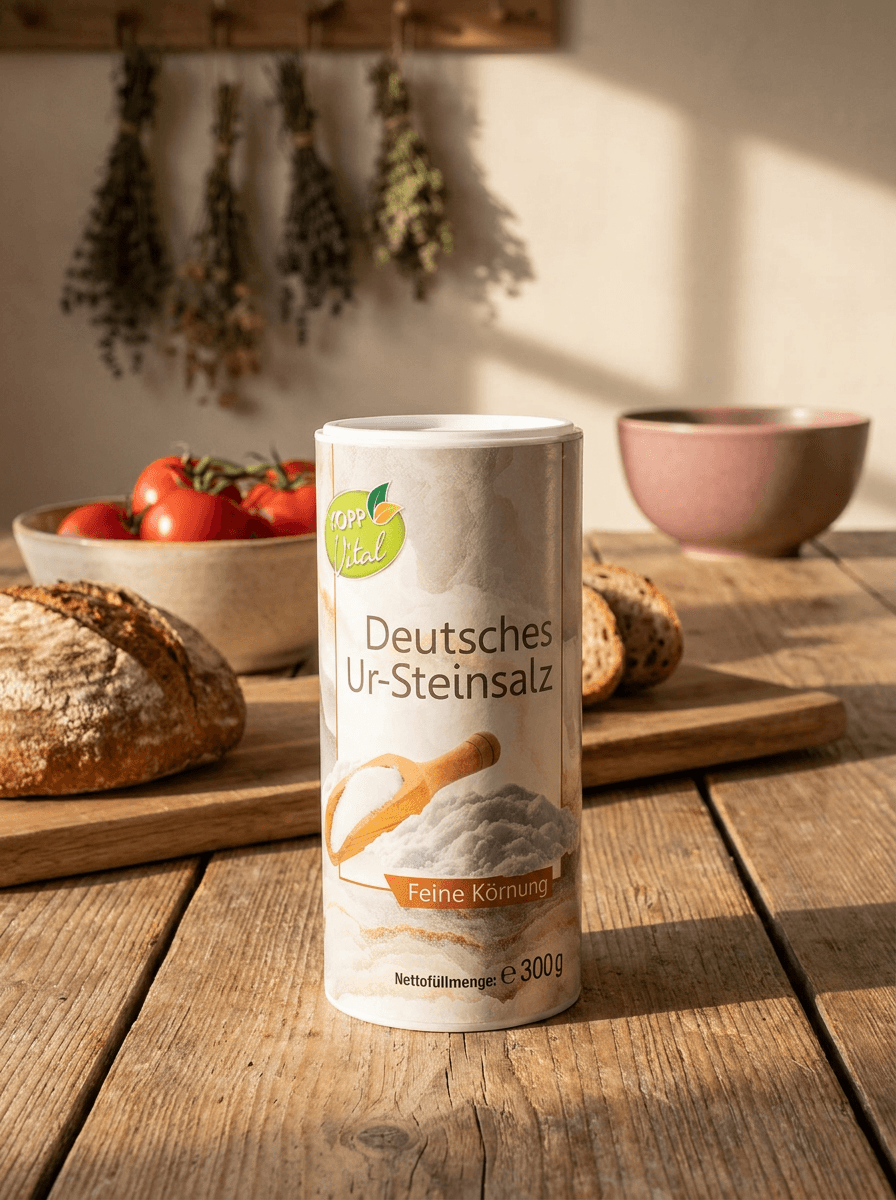 Kopp Vital Deutsches Ur-Steinsalz auf einer hellen Küchenzeile im Morgenlicht