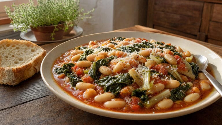 Teller mit weißen Bohnen in Tomatensoße und Mangold, Parmesan und ein Stück Brot auf einem Holztisch
