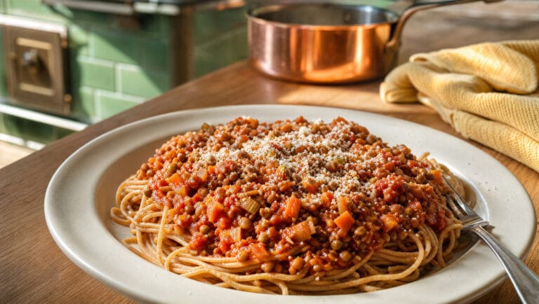 Teller Vollkornspaghetti mit Linsen-Pilz-Bolognese und Parmesan vor einem grünen Kachelofen