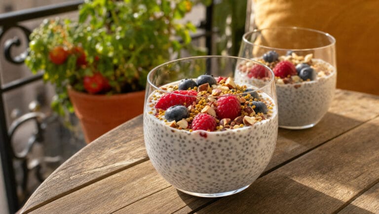 Glas Chia-Pudding mit Himbeeren, Blaubeeren, Nüssen und Blütenpollen auf einem Balkontisch