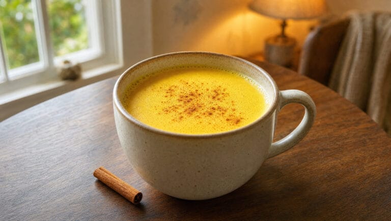 Große Tasse goldene Milch mit Zimt auf einem Walnusstisch am Fenster