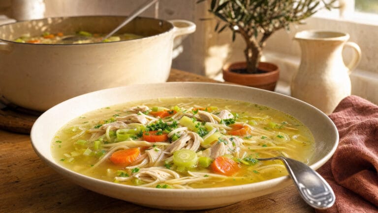 Tiefer Teller klare Hühnersuppe mit Hühnerfleisch, Möhren, Lauch und Nudeln, dahinter der Suppentopf