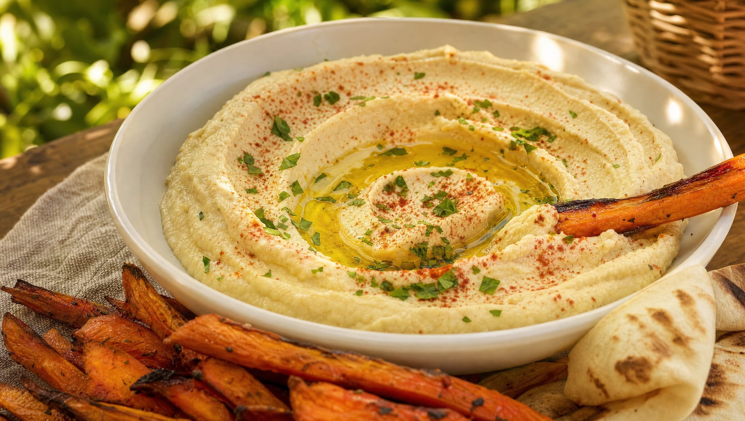 Hummus mit Tahin, Ofenmöhren und Fladenbrot Schale cremiger Hummus mit Olivenöl, Paprika und Petersilie, daneben Ofenmöhren und Fladenbrot auf einem Gartentisch
