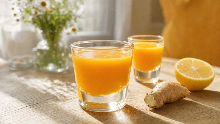 Glas mit orangefarbenem Ingwer-Shot im Morgenlicht, daneben ein Stück Ingwer und eine halbe Zitrone