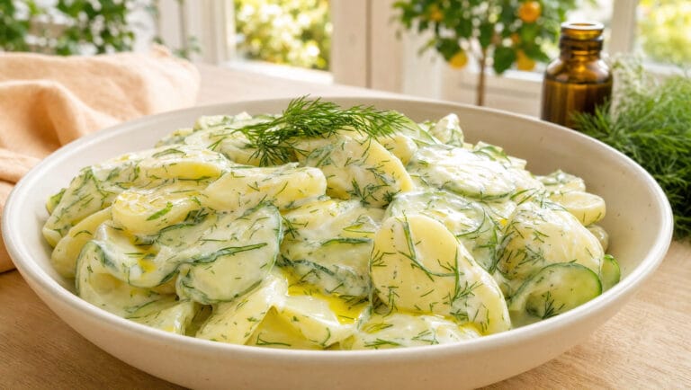 Schale mit kaltem Kartoffelsalat aus Kartoffelscheiben, Gurke und Dill in cremigem Dressing mit Leinöl