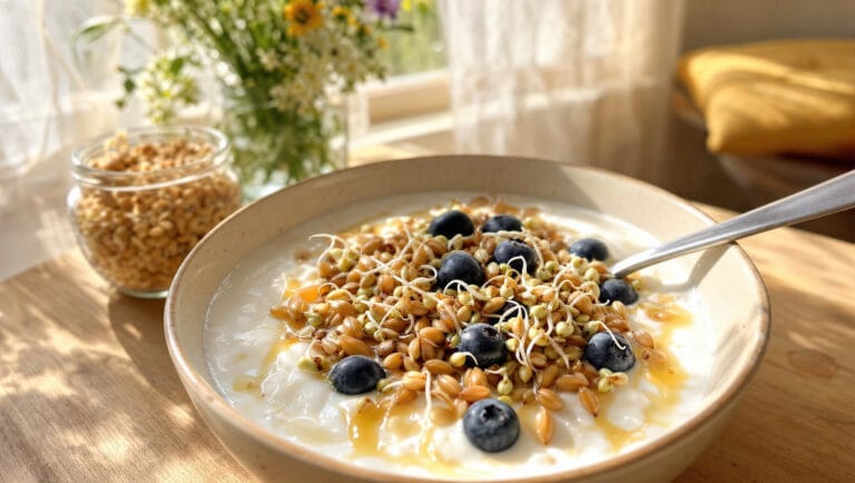 Schale Kefir mit gekeimten Körnern, Blaubeeren und Honig auf einem Frühstückstisch am Fenster