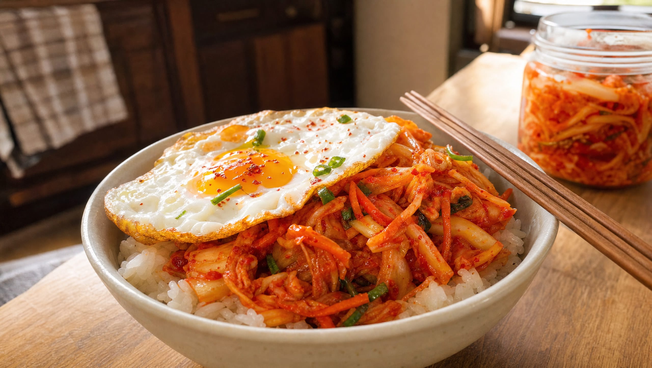 Kimchi selber machen: die einfache Fassung Schale Reis mit Kimchi und Spiegelei, dahinter ein Glas selbst gemachtes Kimchi
