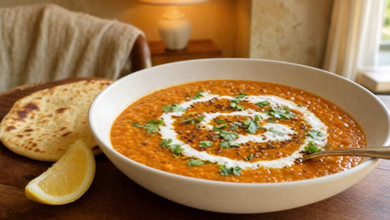 Schale rote Linsensuppe mit Joghurt und Koriander, daneben Fladenbrot und Zitrone auf einem Holztisch