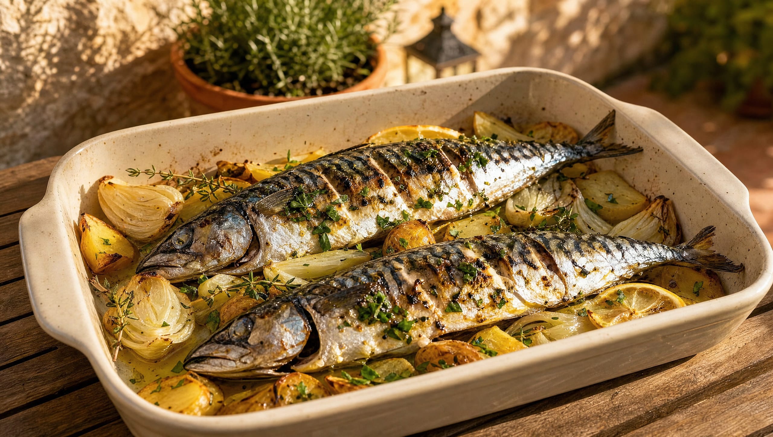 Makrele mit Fenchel, Kartoffeln und Zitrone aus dem Ofen Ofenform mit zwei gerösteten Makrelen auf Fenchel, Kartoffeln und Zitronenscheiben