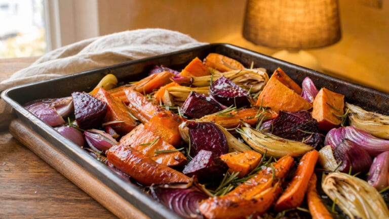 Blech mit geröstetem Gemüse aus Süßkartoffel, Rote Bete, Möhren, roter Zwiebel und Fenchel mit Rosmarin