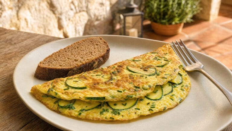 Teller mit goldgelbem Zucchini-Kräuter-Omelett und einer Scheibe Roggenbrot auf einem Terrassentisch