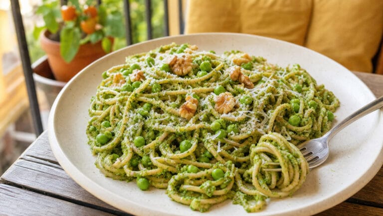 Teller Vollkornspaghetti mit grünem Rucola-Walnuss-Pesto, Erbsen, Parmesan und Walnüssen auf einem Balkontisch
