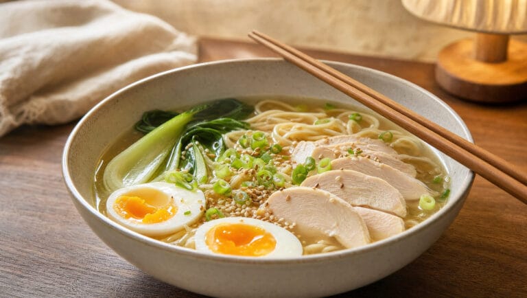 Schale Ramen mit Nudeln in klarer Brühe, Hähnchenscheiben, halbiertem Ei, Pak Choi und Frühlingszwiebeln