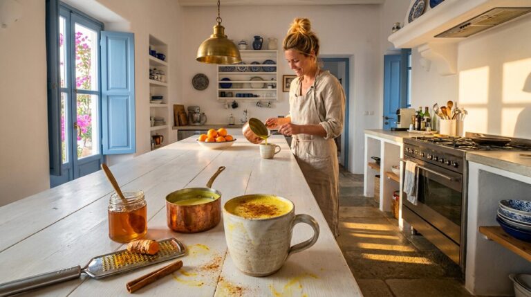 Becher goldene Milch mit Zimt, daneben Kupfertopf, Reibe mit Kurkuma und Honigglas, dahinter eine Frau in einer weißen griechischen Küche mit blauen Läden