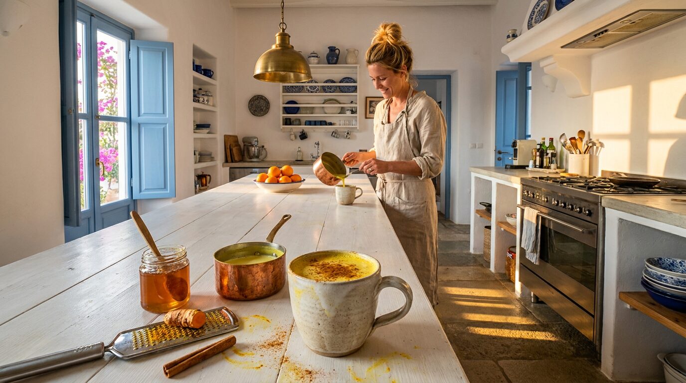 Goldene Milch selber machen: Rezept mit Kurkuma, Ingwer und Honig Becher goldene Milch mit Zimt, daneben Kupfertopf, Reibe mit Kurkuma und Honigglas, dahinter eine Frau in einer weißen griechischen Küche mit blauen Läden
