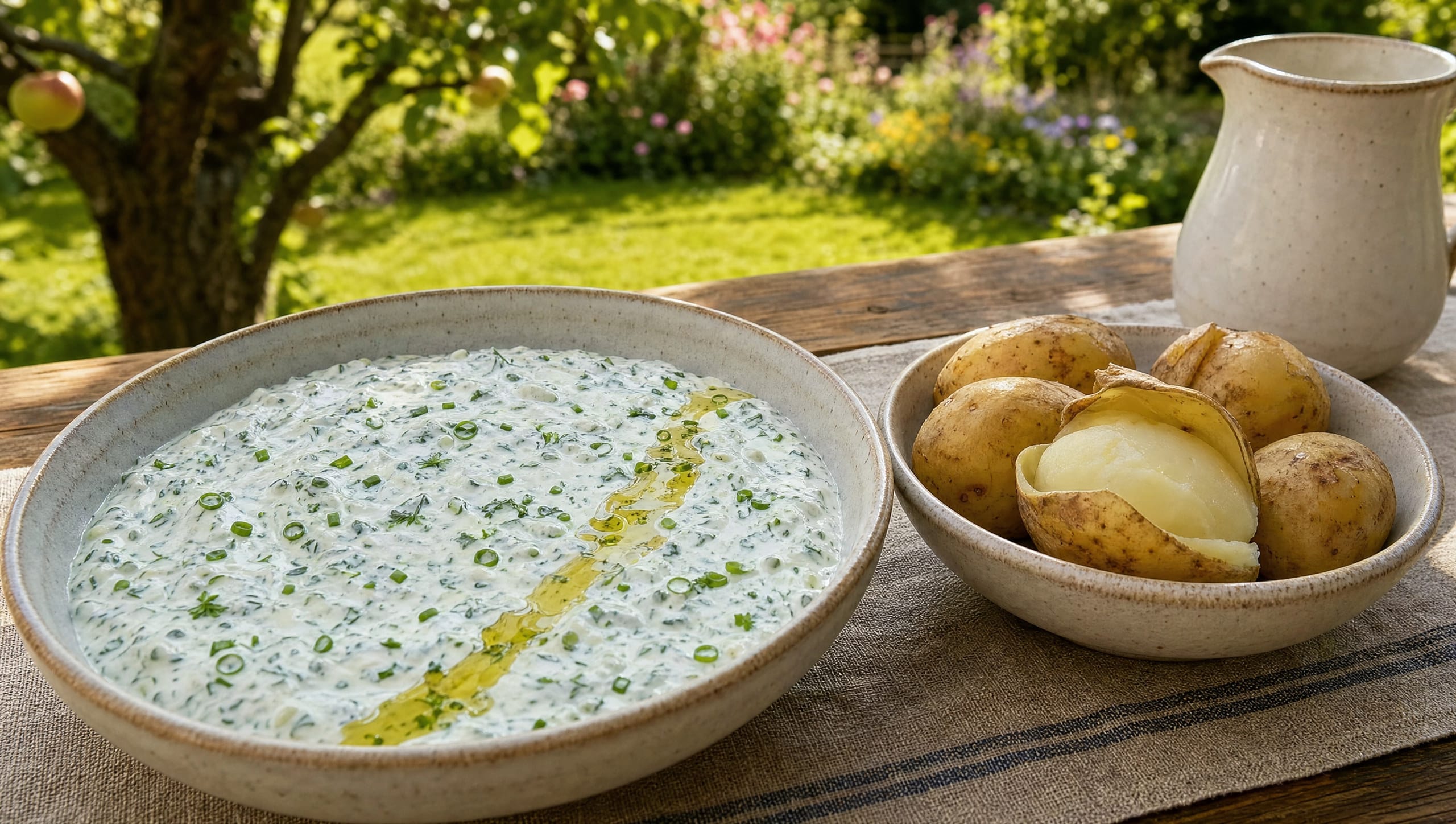 Kräuterquark mit Pellkartoffeln und Leinöl Flache Schale mit Kräuterquark voller Schnittlauchröllchen und Dill, darüber eine Bahn Leinöl, daneben eine Schüssel heißer Pellkartoffeln, eine davon halb gepellt