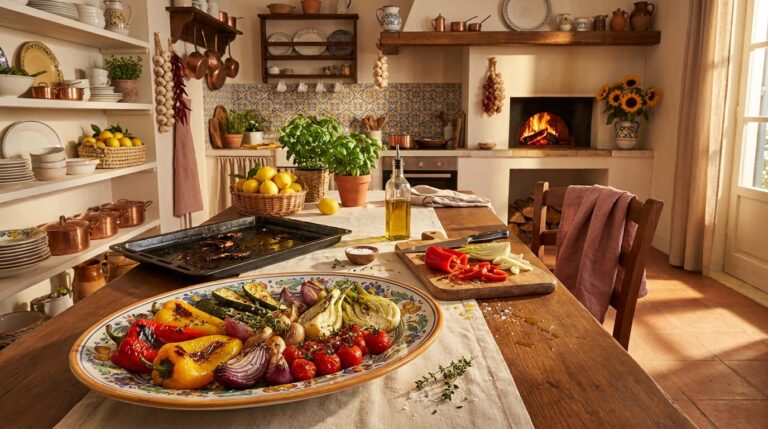 Platte mit buntem Ofengemüse, daneben Blech, Brett mit Paprika und Olivenöl, dahinter eine apulische Küche voller Keramik, Kupfertöpfe, Kräuterbündel, Sonnenblumen und Holzofen