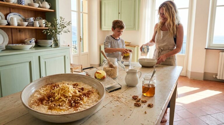 Schale Overnight Oats mit Apfel, Walnüssen und Honig, daneben Reibe und Haferflocken, dahinter ein Junge und seine Mutter beim Apfelreiben in einer ligurischen Küche mit Meerblick