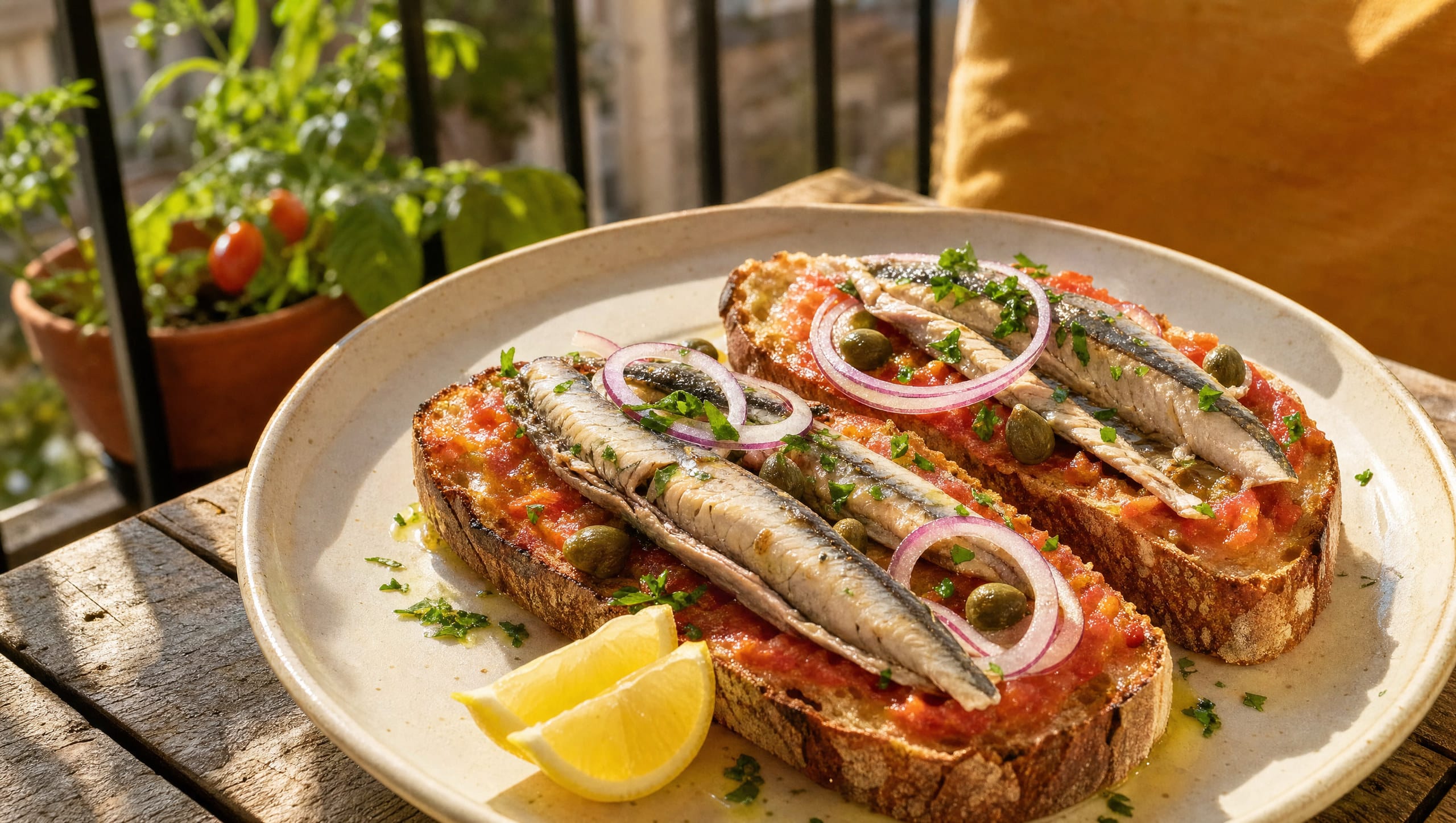 Sardinen auf Sauerteigbrot mit Tomate und Zitrone Zwei Scheiben geröstetes Sauerteigbrot mit geriebener Tomate, Sardinen, roten Zwiebelringen, Kapern und Zitrone auf einem Balkontisch